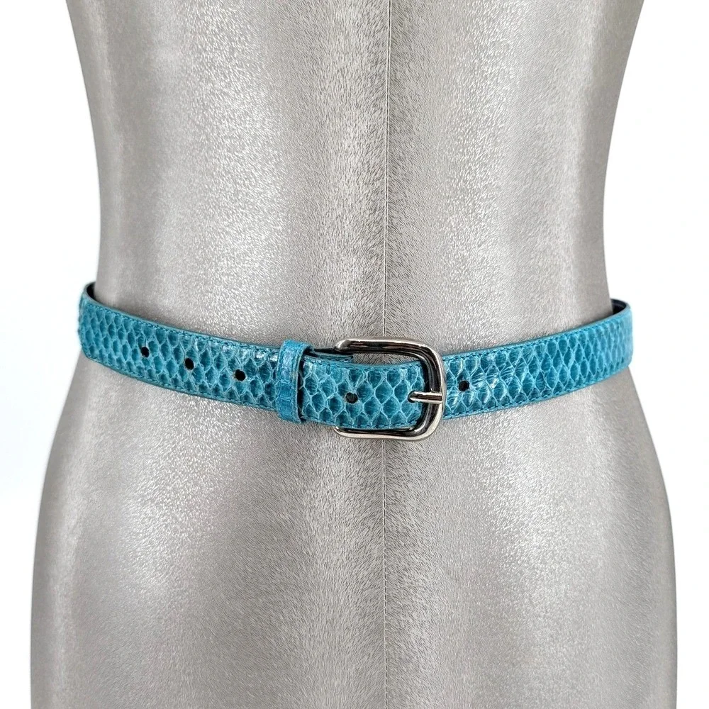 Genuine Snakeskin Belt Teal Blue Exotic Leather Brass Plated Buckle Size‎ L